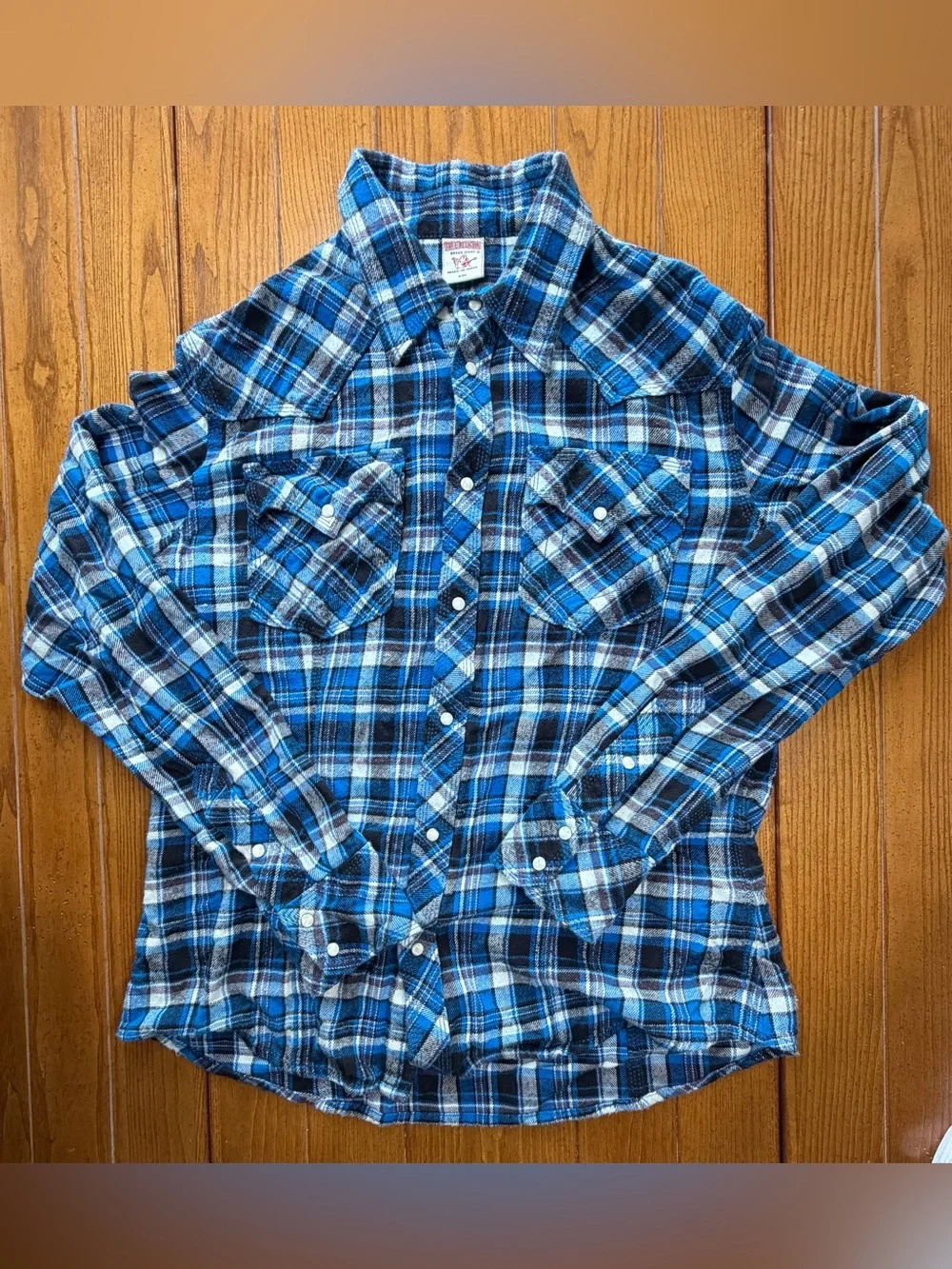 True Religion Blue Plaid Flannel Western Shirt • Pearl Snaps • Men’s XXL